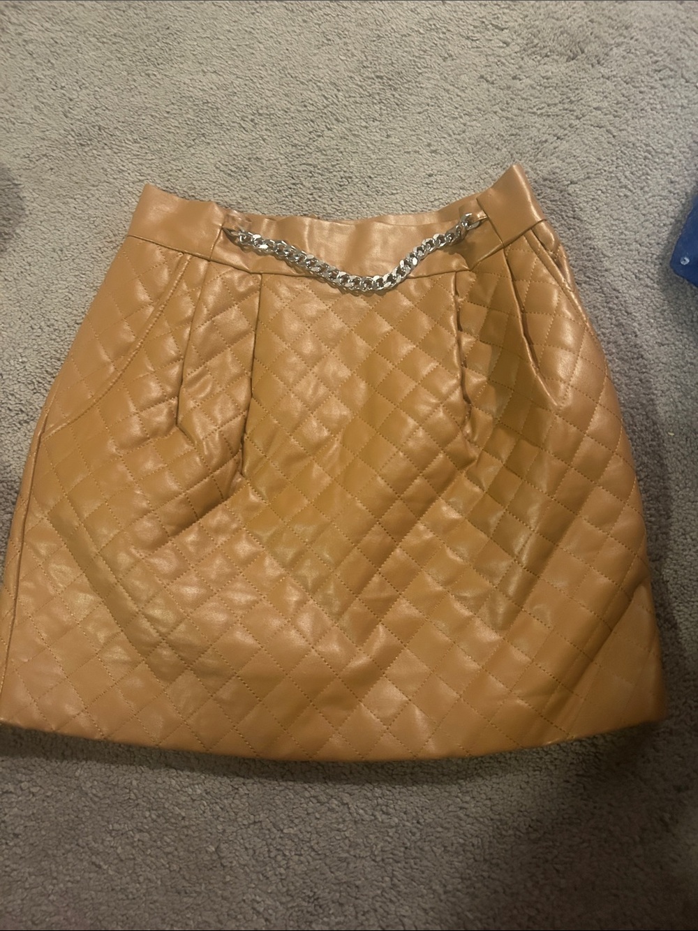 Amanda Uprichard Quilted Faux Leather Mini Skirt in Camel Tan with Silver Chain